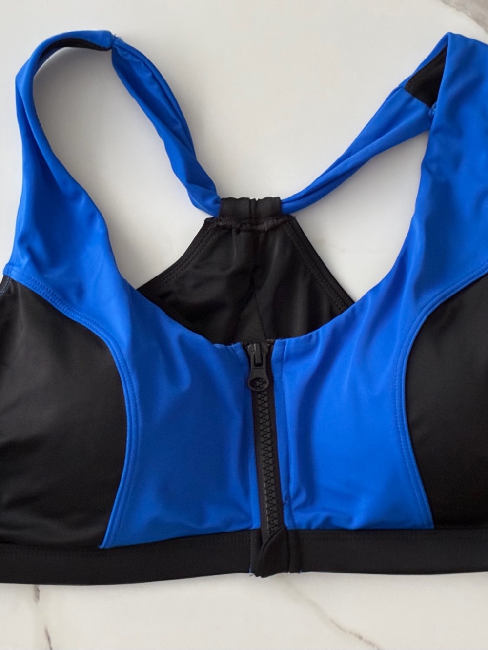 Swimsuits For All L Blue & Black Front Zip Bikini Top